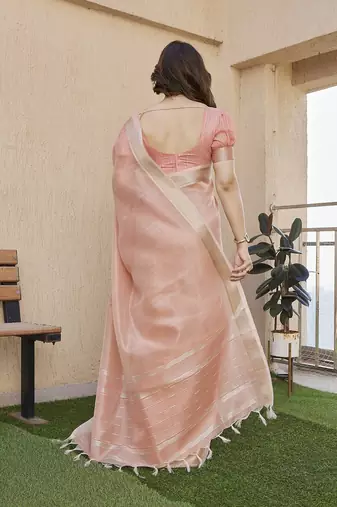 Peach color tissue linen zari weaving border saree with blouse