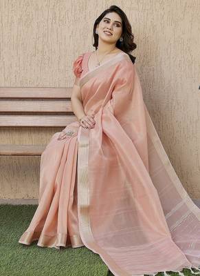 Peach color tissue linen zari weaving border saree with blouse 4