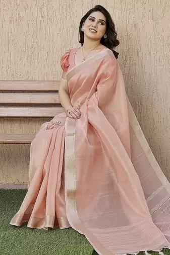 Peach color tissue linen zari weaving border saree with blouse