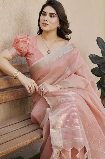 Peach color tissue linen zari weaving border saree with blouse