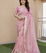 Pink color tissue linen zari weaving border saree with blouse