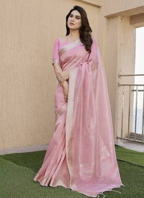 Pink color tissue linen zari weaving border saree with blouse 3
