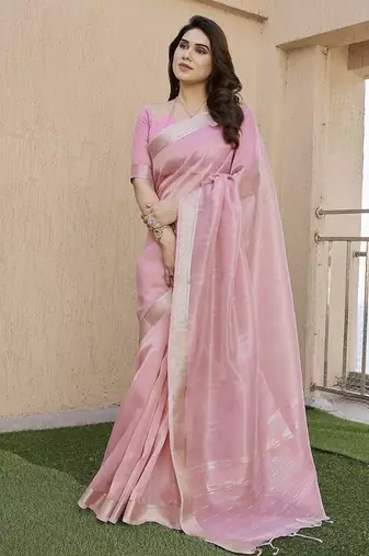 Pink color tissue linen zari weaving border saree with blouse