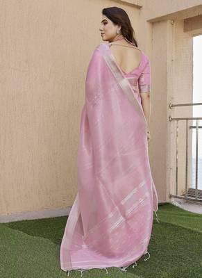Pink color tissue linen zari weaving border saree with blouse 4