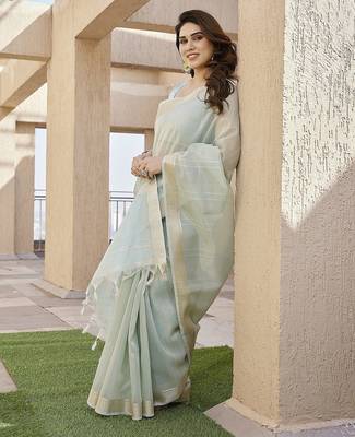 Pista color tissue linen zari weaving border saree with blouse 1