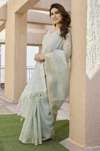 Pista color tissue linen zari weaving border saree with blouse