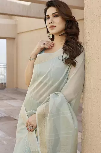Pista color tissue linen zari weaving border saree with blouse