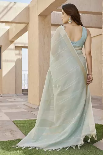 Pista color tissue linen zari weaving border saree with blouse