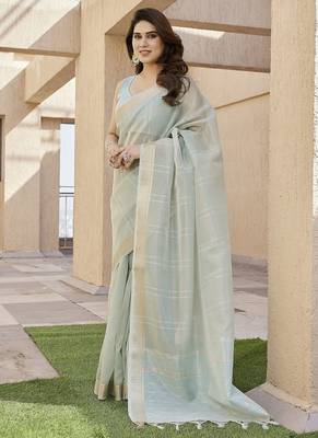 Pista color tissue linen zari weaving border saree with blouse 4