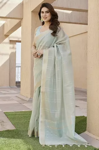 Pista color tissue linen zari weaving border saree with blouse