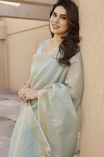 Pista color tissue linen zari weaving border saree with blouse