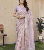 Purple color tissue linen zari weaving border saree with blouse