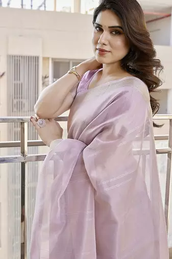 Purple color tissue linen zari weaving border saree with blouse