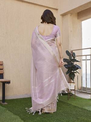 Purple color tissue linen zari weaving border saree with blouse 4