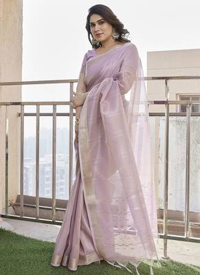 Purple color tissue linen zari weaving border saree with blouse 5