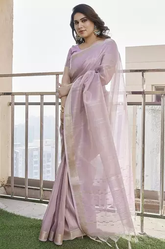 Purple color tissue linen zari weaving border saree with blouse