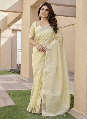 Yellow color tissue linen zari weaving border saree with blouse 1