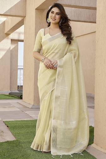 Yellow color tissue linen zari weaving border saree with blouse
