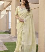 Yellow color tissue linen zari weaving border saree with blouse