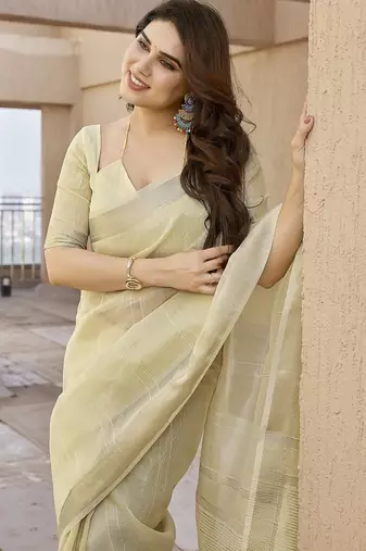 Yellow color tissue linen zari weaving border saree with blouse