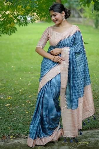 Blue color tussar silk checks printed style kanth weaving saree