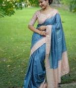Blue color tussar silk blend checks printed style kanth weaving saree