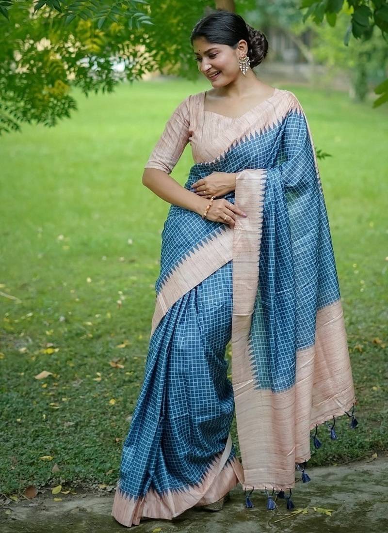 Blue color tussar silk checks printed style kanth weaving saree