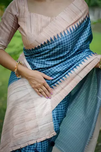 Blue color tussar silk blend checks printed style kanth weaving saree