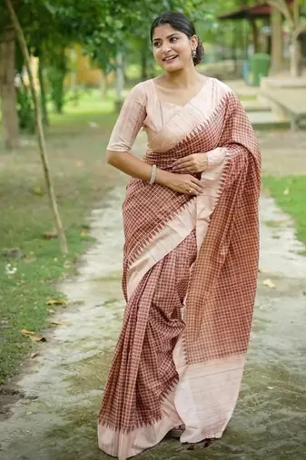 Coffee color tussar silk checks printed style kanth weaving saree