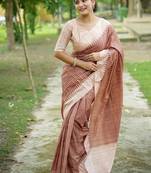 Coffee color tussar silk blend checks printed style kanth weaving saree