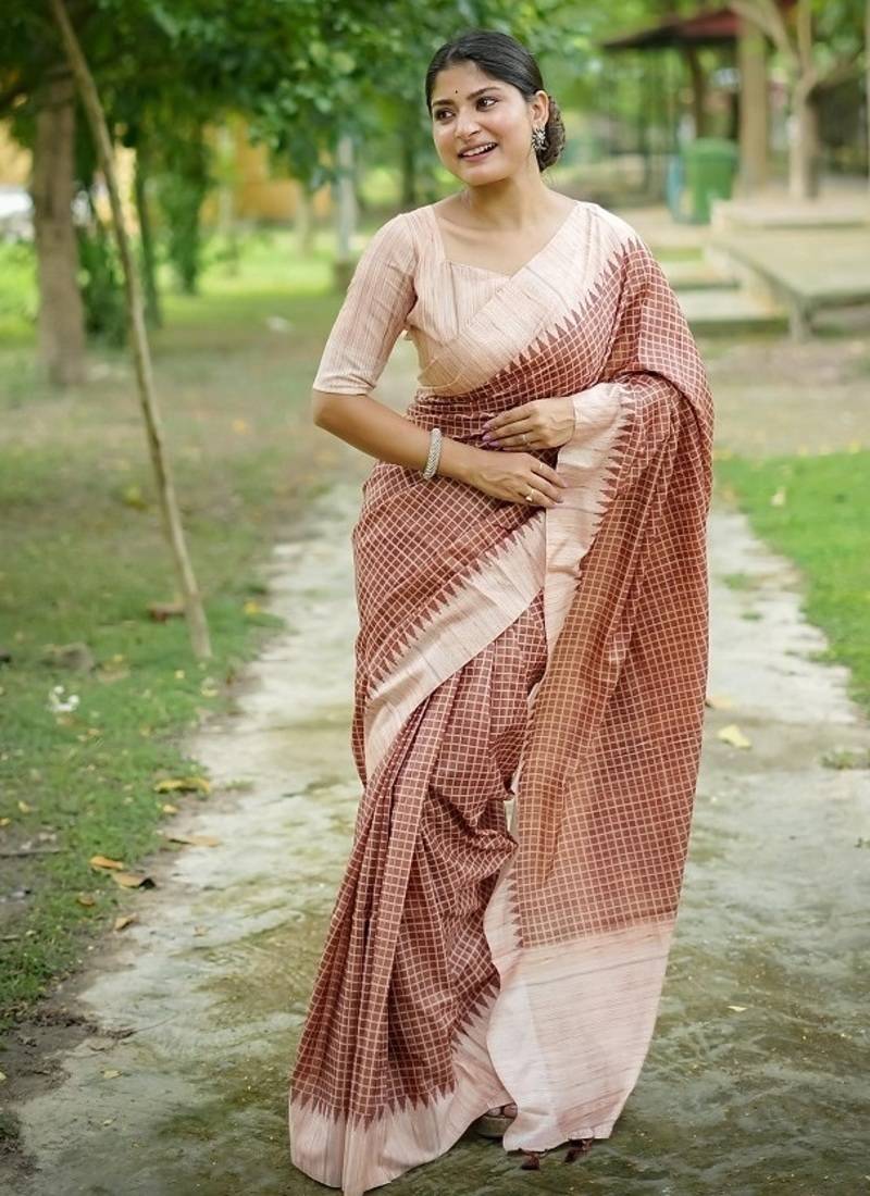 Coffee color tussar silk checks printed style kanth weaving saree