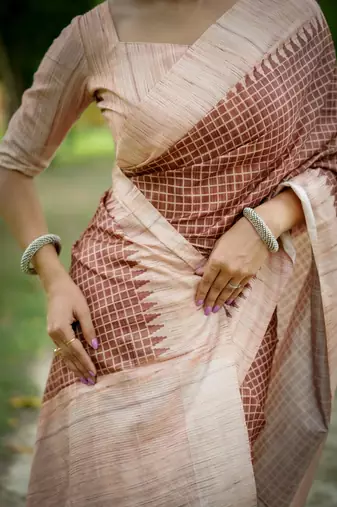 Coffee color tussar silk blend checks printed style kanth weaving saree
