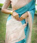 Firozi color tussar silk blend checks printed style kanth weaving saree