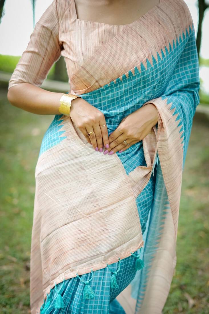 Firozi color tussar silk checks printed style kanth weaving saree
