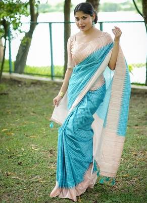 Firozi color tussar silk blend checks printed style kanth weaving saree 2