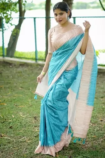 Firozi color tussar silk checks printed style kanth weaving saree