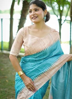 Firozi color tussar silk blend checks printed style kanth weaving saree 3