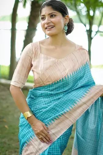 Firozi color tussar silk checks printed style kanth weaving saree