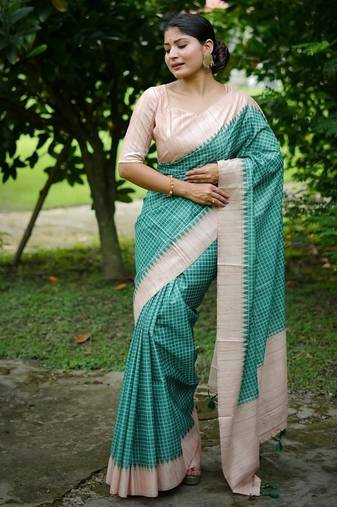 Green color tussar silk checks printed style kanth weaving saree