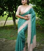 Green color tussar silk blend checks printed style kanth weaving saree