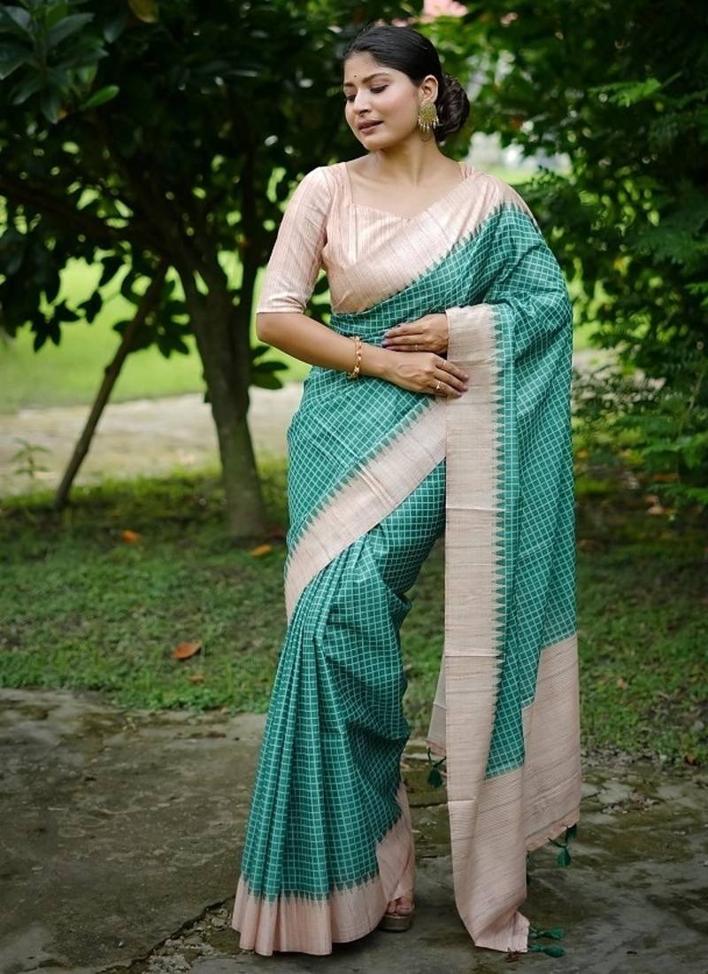 Green color tussar silk checks printed style kanth weaving saree