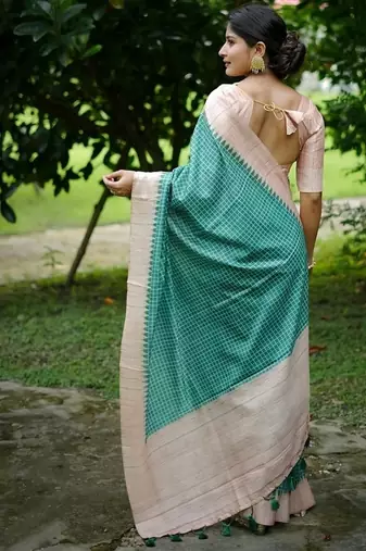 Green color tussar silk blend checks printed style kanth weaving saree