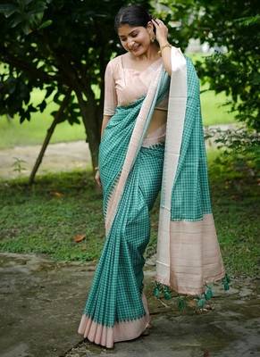 Green color tussar silk blend checks printed style kanth weaving saree 3