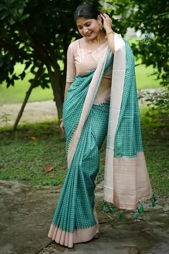Green color tussar silk blend checks printed style kanth weaving saree