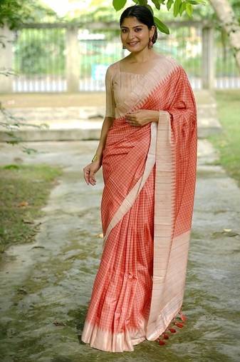 Orange color tussar silk checks printed style kanth weaving saree