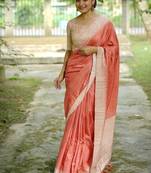 Orange color tussar silk blend checks printed style kanth weaving saree