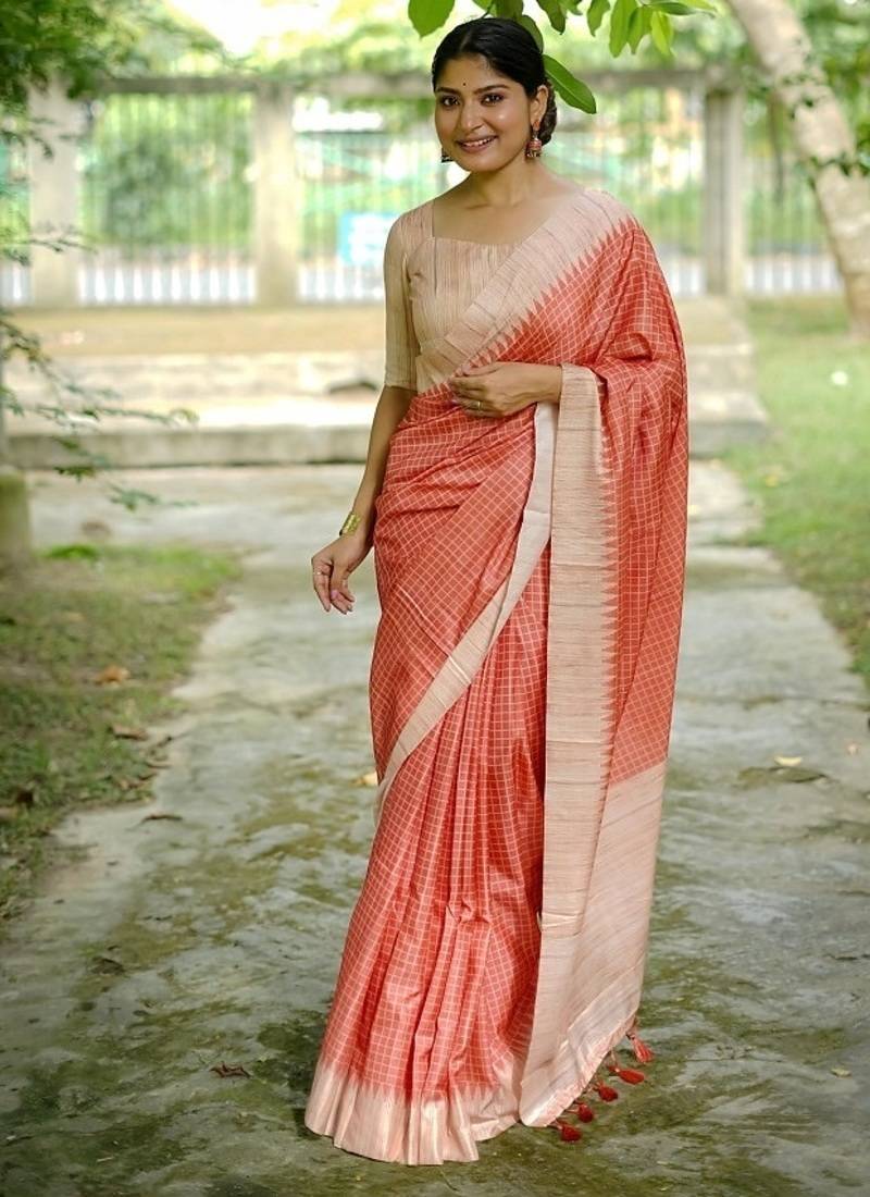 Orange color tussar silk checks printed style kanth weaving saree