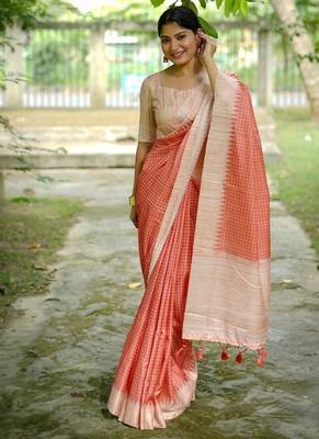 Orange color tussar silk blend checks printed style kanth weaving saree 3