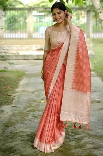 Orange color tussar silk blend checks printed style kanth weaving saree