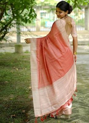 Orange color tussar silk blend checks printed style kanth weaving saree 4
